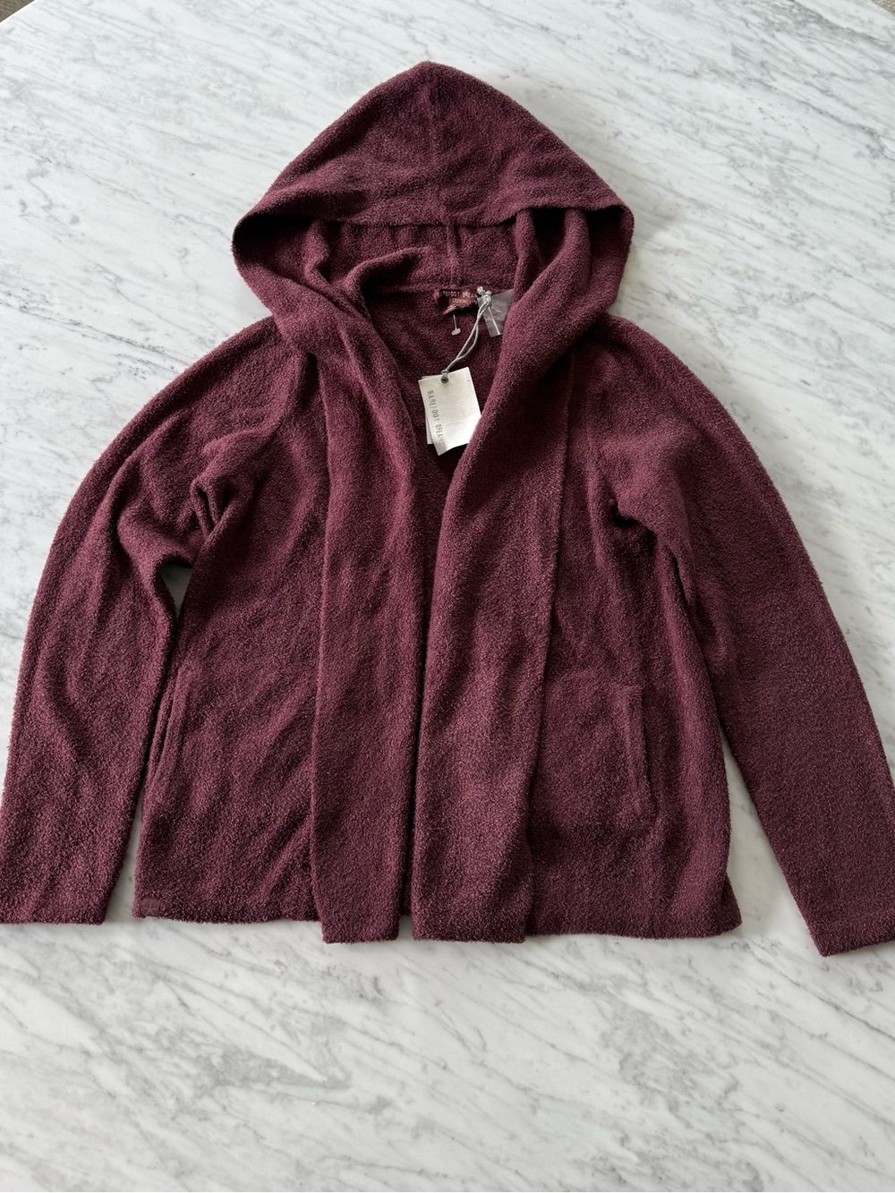 Barefoot Dreams CozyChic Lite Double Knit Hooded Cardi Mulberry Rosewood XS NWT